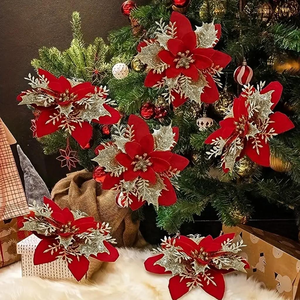 10 шт. Красные блестящие рождественские цветы, искусственная головка цветка пуансеттии, рождественская елка, украшение для дома, Новый год 2025 г.