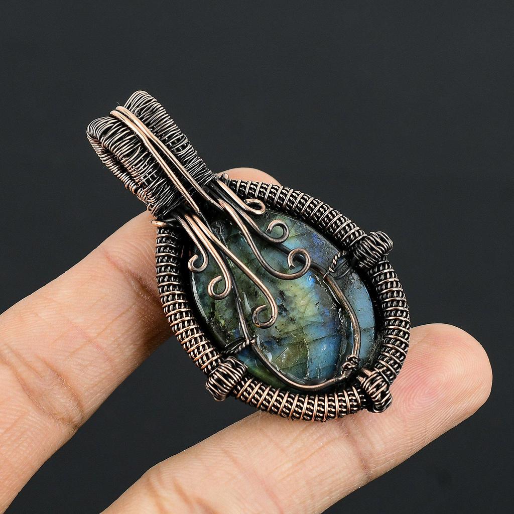 Labradorite Pendant, Handmade Gemstone 999 Copper Wire Wrapped Pendant Antique Jewelry, For Gift Silver Jewelry