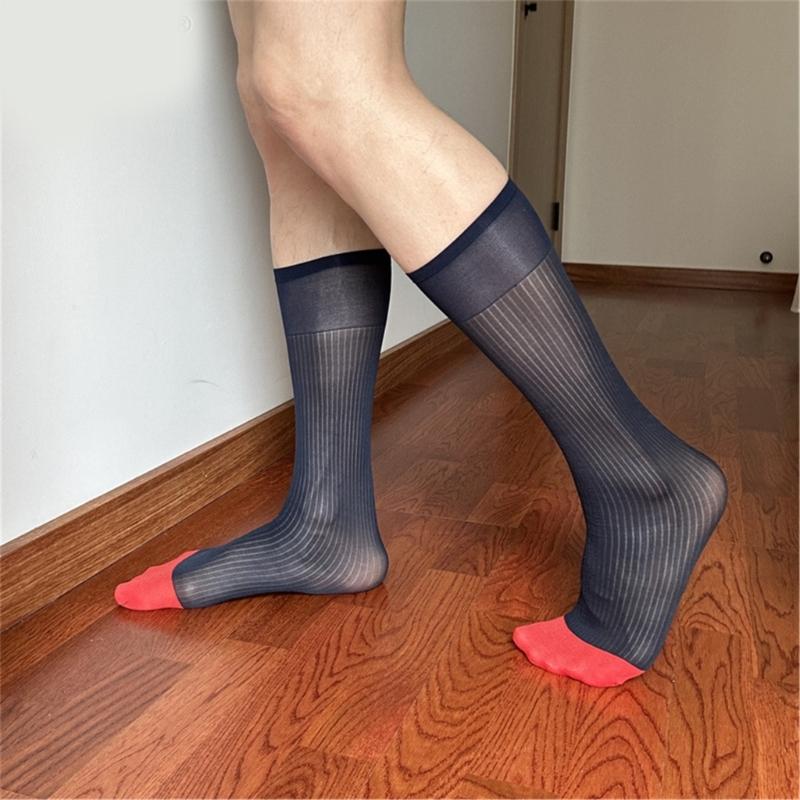 Mens Nylon Sheer Suit Socks Business Dress Socks Contrast Color Striped See Through Formal Dress Over the Calf Stockings