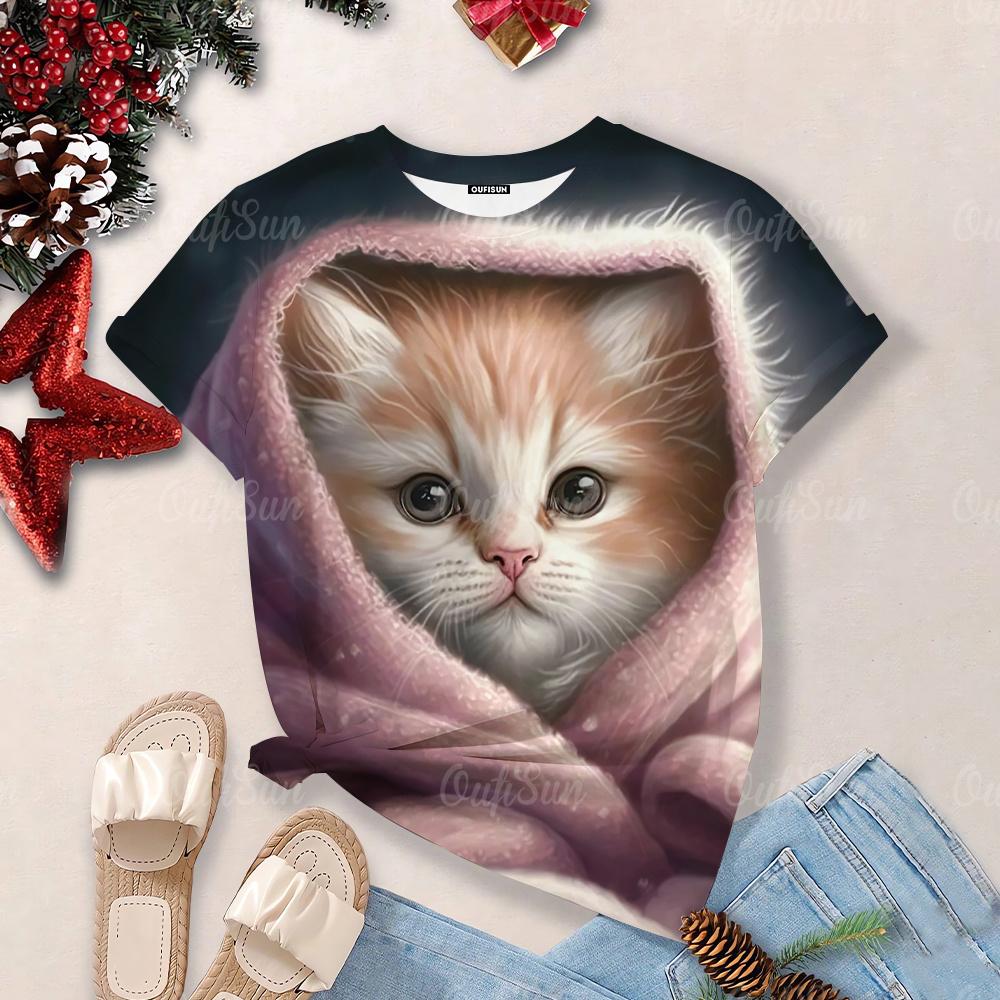 Футболки Overzise для женщин 2024, футболки с круглым вырезом и короткими рукавами с 3d принтом милого кота, топы, кавайные повседневные футболки, эстетические женские топы