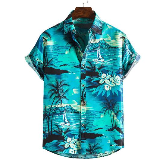 Turn-down Collar Short Sleeve Men Shirt Buttons Down Summer Coconut Tree Print Hawaiian Shirt for Travel