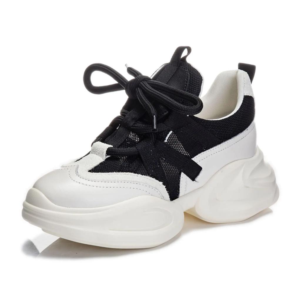 Модные 8 см Новая Натуральная Кожа Женские Летние Полые Воздушная Сетка Платформа Клиновидные Массивные Кроссовки Осень Весна Мода На шнуровке Повседневная Обувь