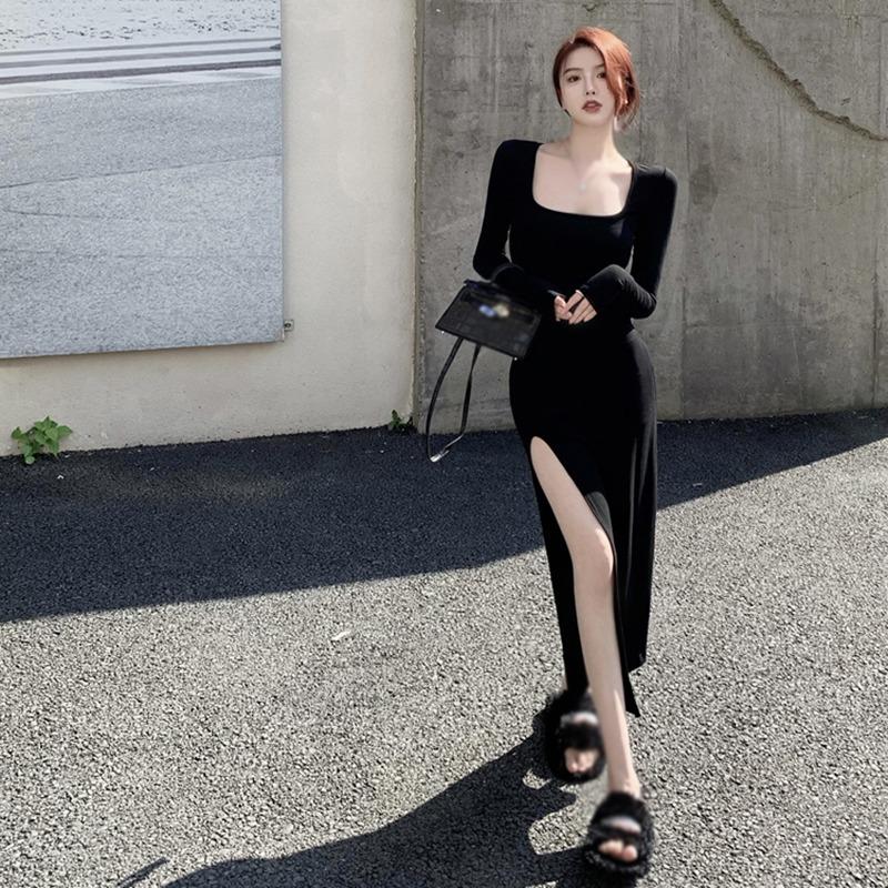 Женское платье облегающее бедра, нижнее, с разрезами, приталенное, средней длины