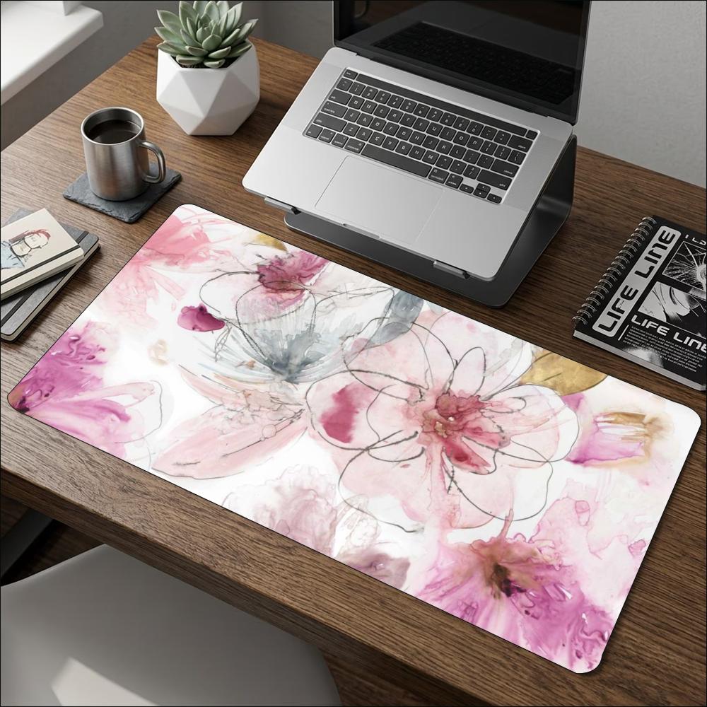 Watercolor Pink Rose Floral Art Pattern Large Gaming Mouse Pad Non Slip Rubber Desk Mat For Laptop Keyboard Home Office Desktop