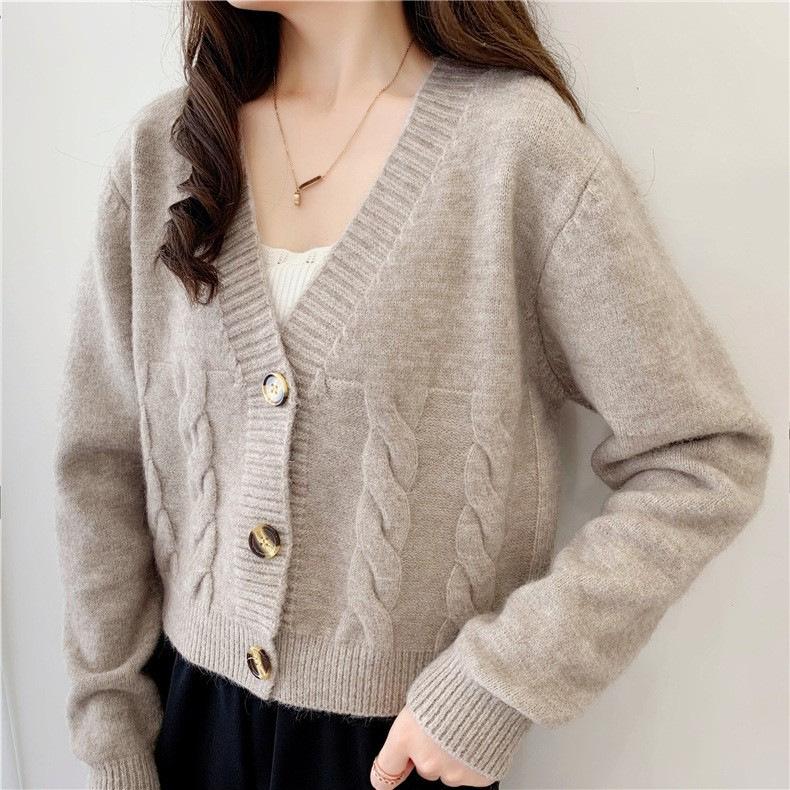 V Neck Cropped Cardigan Women Long Sleeve Twist Knitted Sweater Coats Autumn Winter Keep Warm Korean Fashion Jacket Cardigan