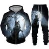 Men's Zipper Hoodie Set 3D Printed Animal Wolf Sportswear/Pants Casual Street Long Sleeve Loose Spring Autumn 2 Piece Set