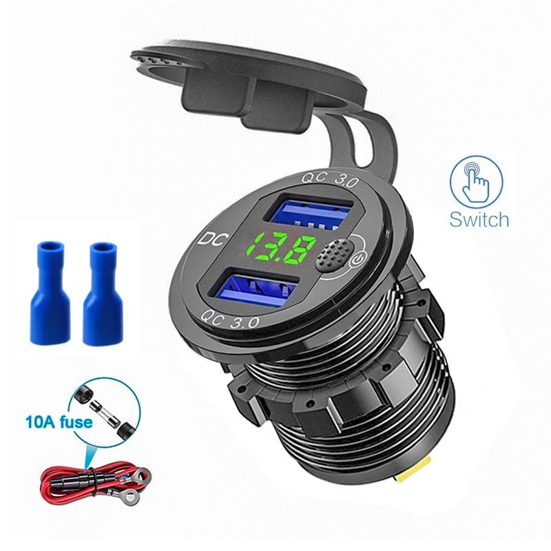 12 В/24 В, двойная USB-розетка QC3.0, автомобильное зарядное устройство, USB-разъем для прикуривателя, водонепроницаемая со светодиодным вольтметром, переключатель включения/выключения, адаптер для быстрой зарядки, автомобильные аксессуары