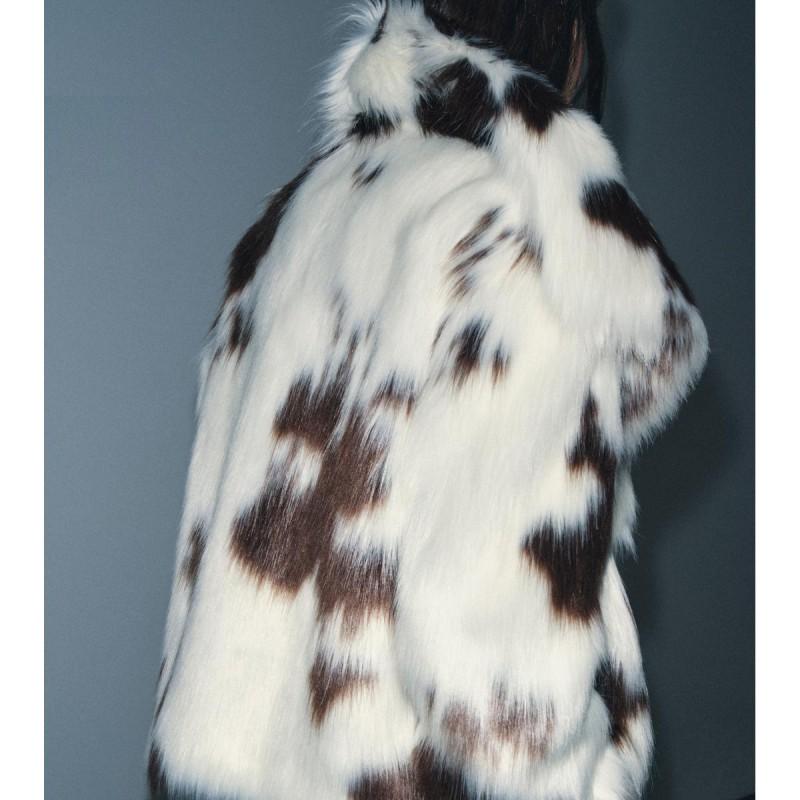 Womens Faux Fur Jacket Winter Leopard Print Stand Collar Casual Coat Long Sleeve Mid-Length
