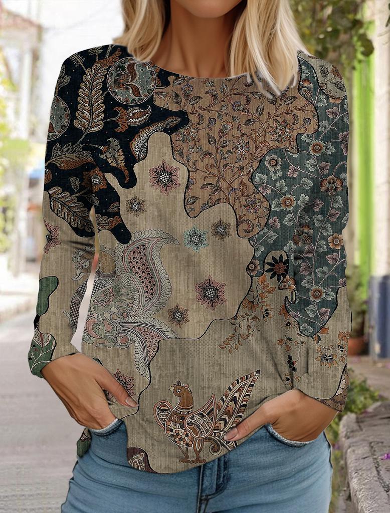 2024 Женские гавайские ретро-модные топы с длинным рукавом и круглым вырезом, повседневная футболка с длинным рукавом, дизайнерская новинка