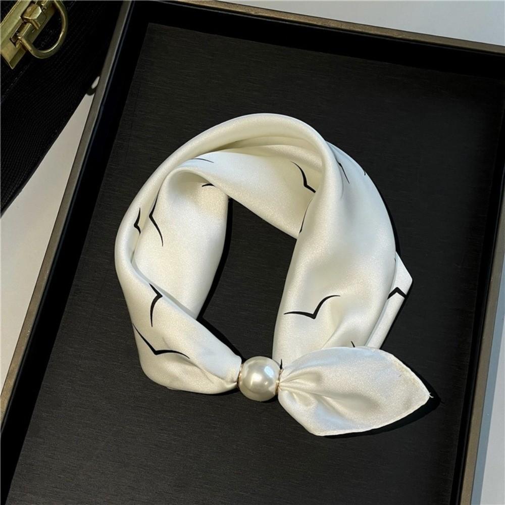 Fashion Pearl Buckle Silk Scarf Printed Soft Neck Scarf Lightweight Thin Neckerchief Women