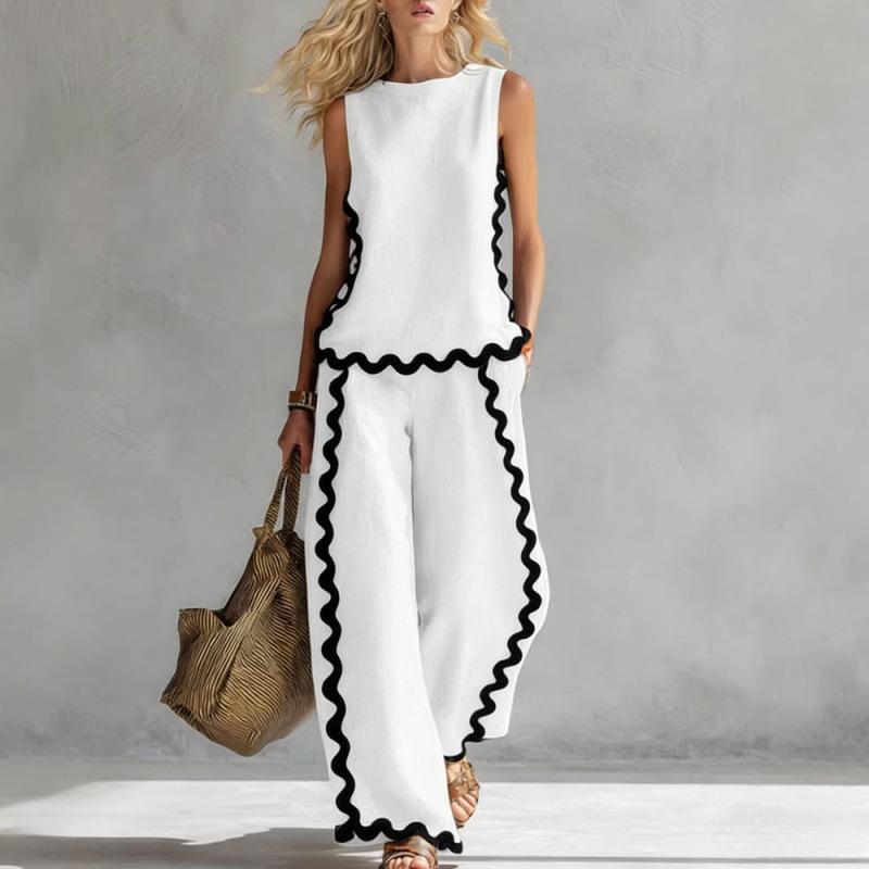 1116 Новый европейский и американский стиль без рукавов контрастный широкий брючный костюм женский летний повседневный модный костюм из двух предметов трендовый
