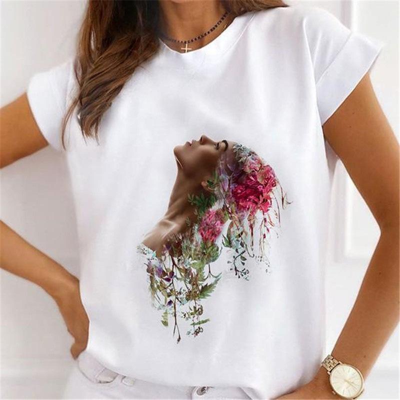 Summer Floral Girl Printed Base Shirt Cute Cartoon Round Neck Plus Size Pure Cotton Short Sleeved Top T-Shirts Women’s