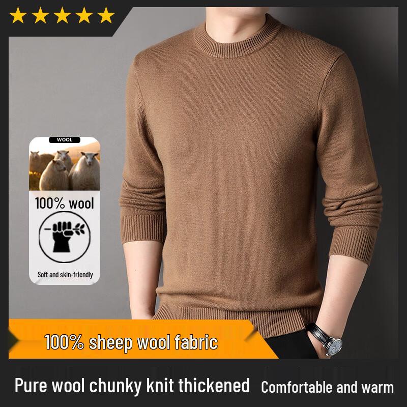 Hengyuanxiang Men's Thickened 100% Pure Wool Round Neck Pullover Sweater