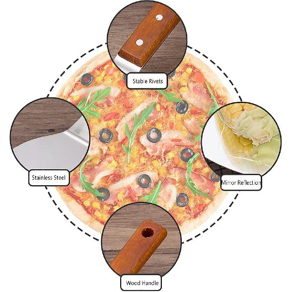 Pizza Peel 10 Inch Stainless Steel Pizza Paddle and Turner with Long Foldable Wooden Handle Pizza Spatula, Pizza Peel for Bread Oven and Grill Non