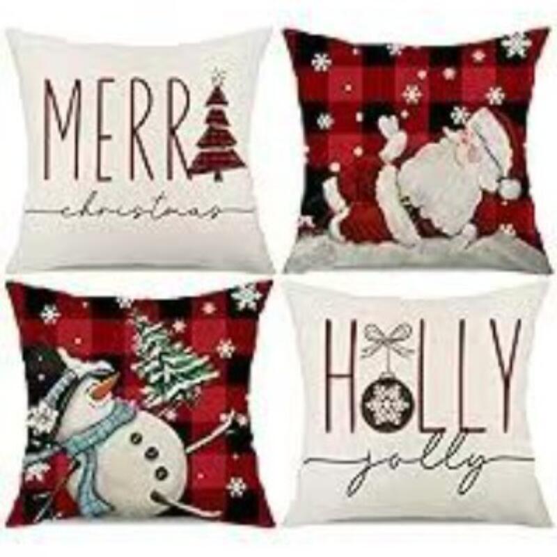 Набор из 4 двусторонних рождественских наволочек - Санта Снеговик Смесь льна Декор для дивана Праздничные акценты для дома