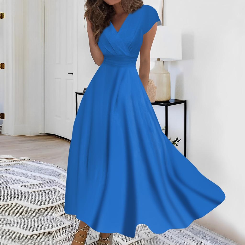 Жен. Длинное платье Платье макси Повседневное платье Шифоновые платья Свободное платье Сплошной цвет На каждый день Для взрослых На открытом воздухе Повседневные платья С рюшами С короткими рукавами Платье с v-образным вырезом
