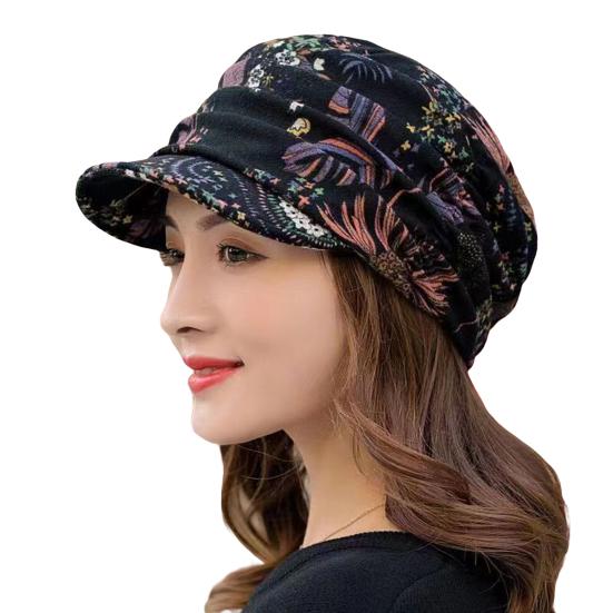 Windproof Thick Women Fashionable Ethnic Style Floral Print Autumn Winter Hat