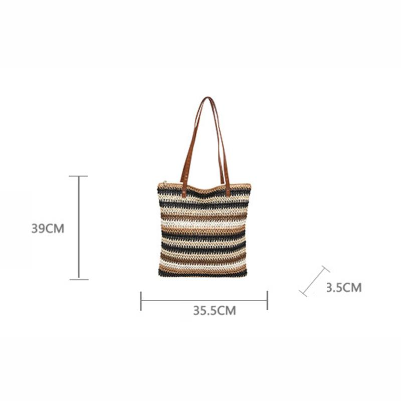 Women Fashion Striped Summer Beach Straw Knitting Shoulder Bag Handwoven Handbags Portable Large Capacity Casual Tote CLE