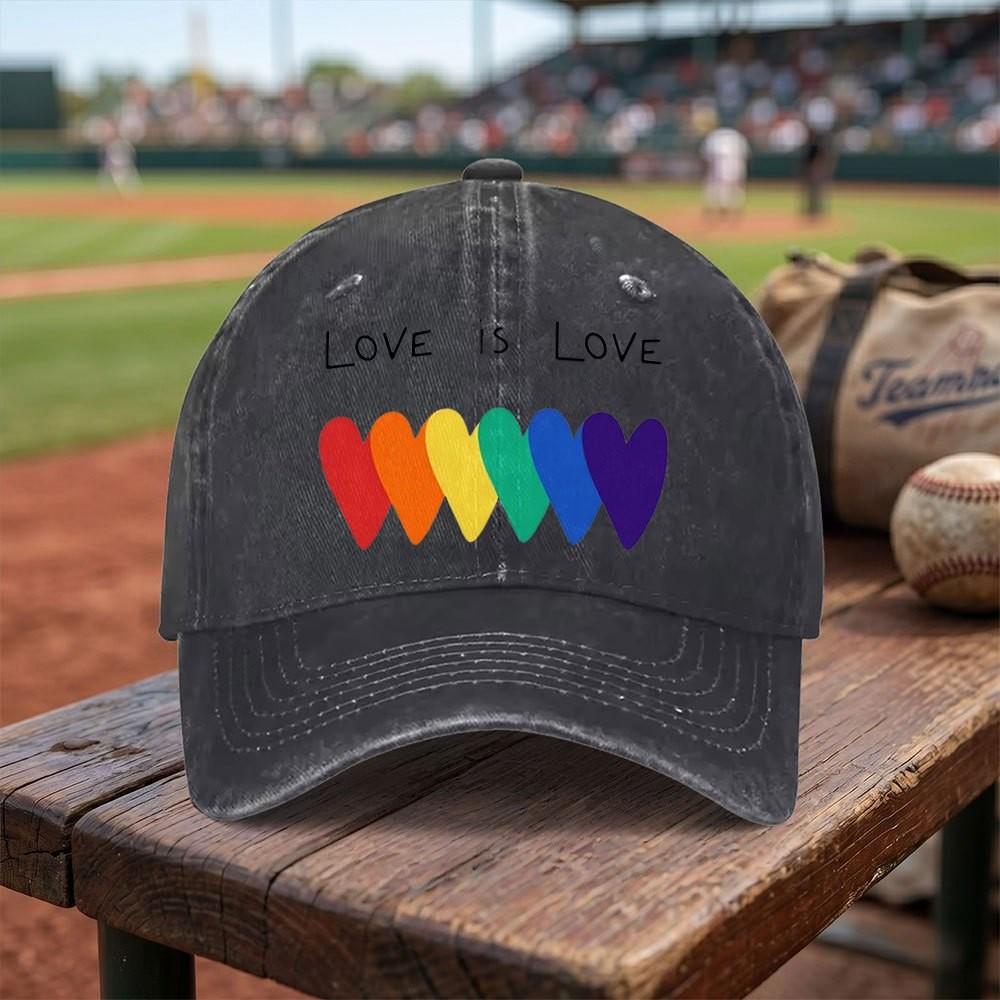 LGBTQ Pride Rainbow Heart Washed Baseball Cap Adjustable Cotton Casual Unisex Sun Hat