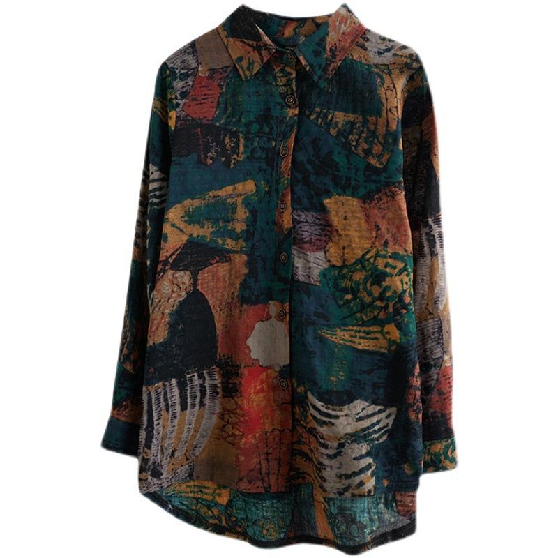 Johnature Винтажные расписные женские блузки с длинным рукавом и отложным воротником, весенние повседневные свободные рубашки с цветочным принтом