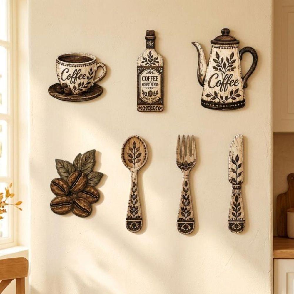 7Pcs Cutlery Shapes Wall Sign Wooden Decor Coffee Wall Decor Set for Dining Room Bar Wall Decor