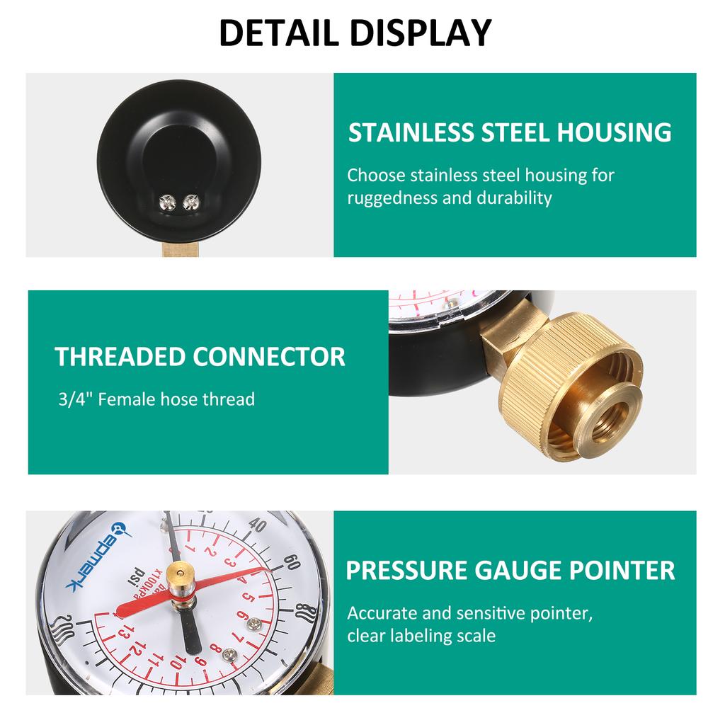 Lepmerk 2- 1/2'' Pressure Gauge Water Pressure Test Gauge 3/4'' Female Hose Thread 0-200 PSI with Red Pointer High Precision