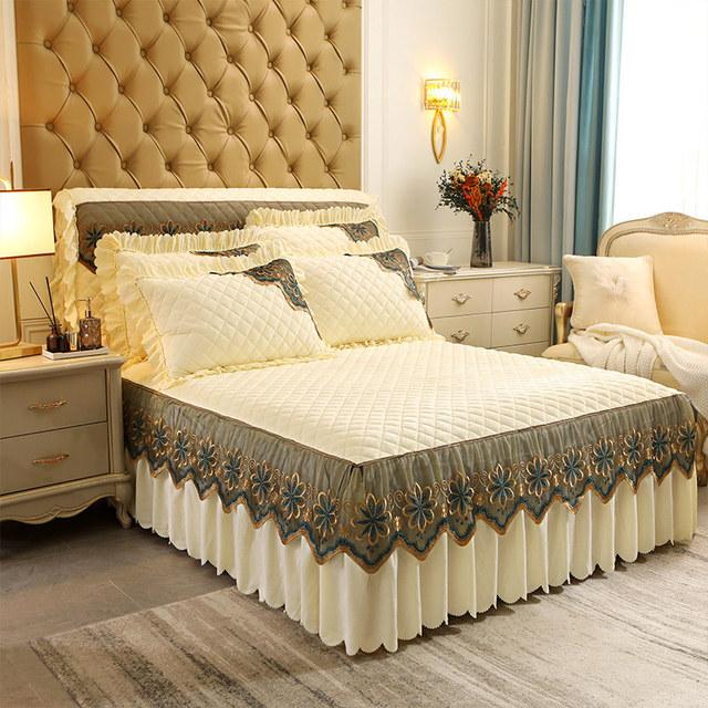 Европейское роскошное кружевное веерное покрывало для кровати, бархатное 200x220, стеганое покрывало королевского размера, юбка королевы, оборки, чехлы на изголовье