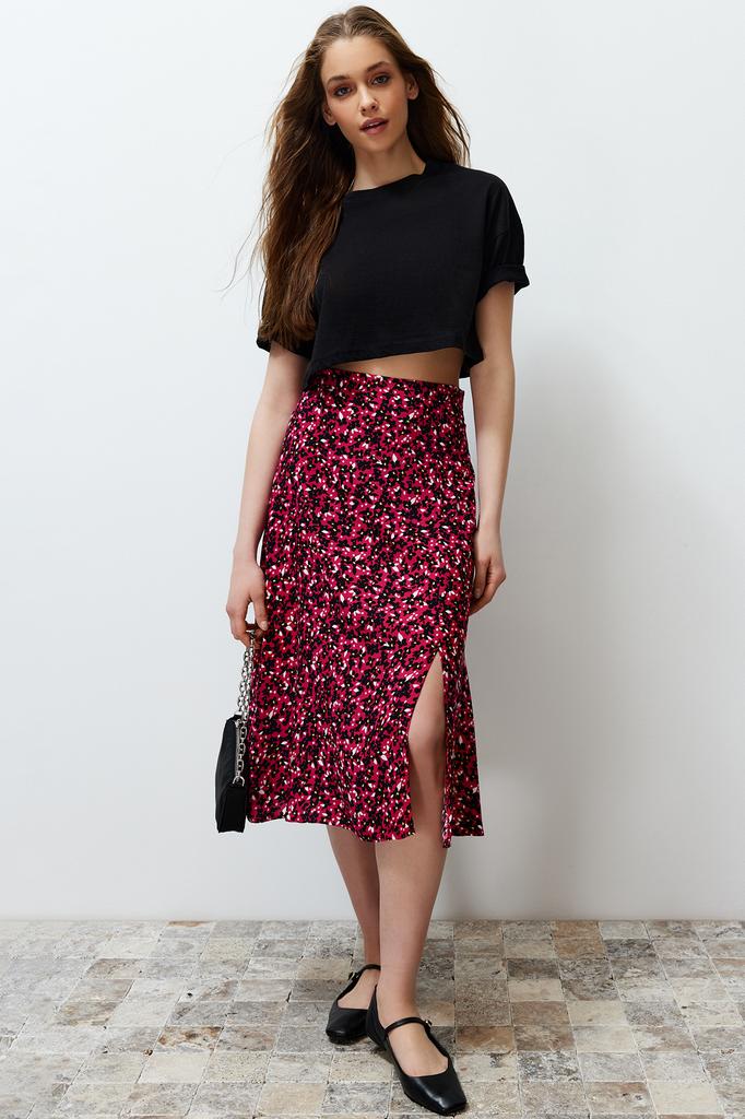Women's Fashion Purple Printed High Waist Midi Stretchy Knitted Skirt with Gather Detail and Flounce