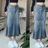 Summer Long Denim Skirt Women  Korean Fashion Split Faldas Jean Mid-Length High Waist Skirts Blue Loose Cowboy