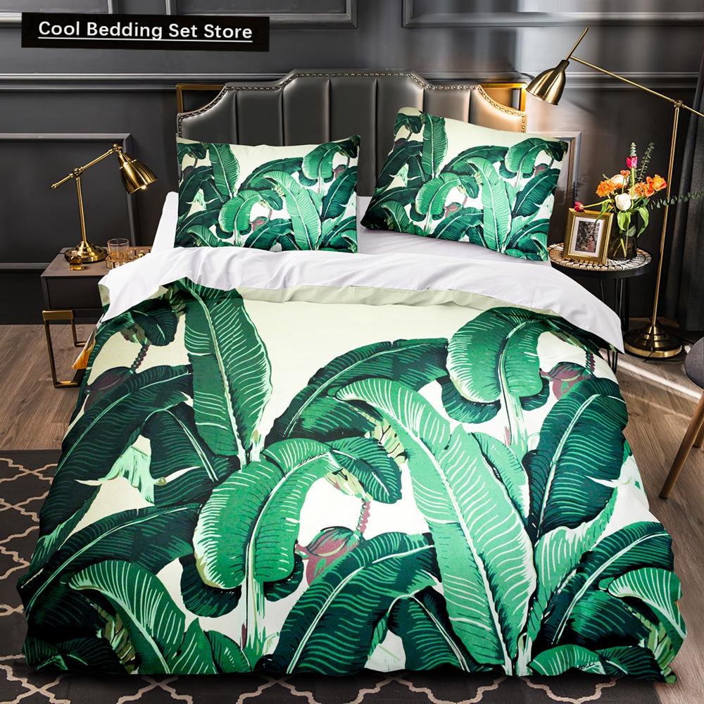 Тропические растения Цветочный пододеяльник King Queen Комплект постельного белья с зелеными пальмовыми листьями Кремовые цветы 2/3 шт. Полиэстеровый пододеяльник
