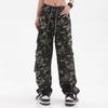 Women Cargo Pants Camouflage Print Multi Pockets Lace-Up Detail Long Pants Straight Wide Leg High Street Pants