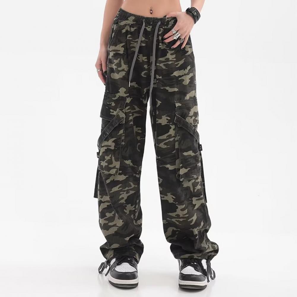 Women Cargo Pants Camouflage Print Multi Pockets Lace-Up Detail Long Pants Straight Wide Leg High Street Pants