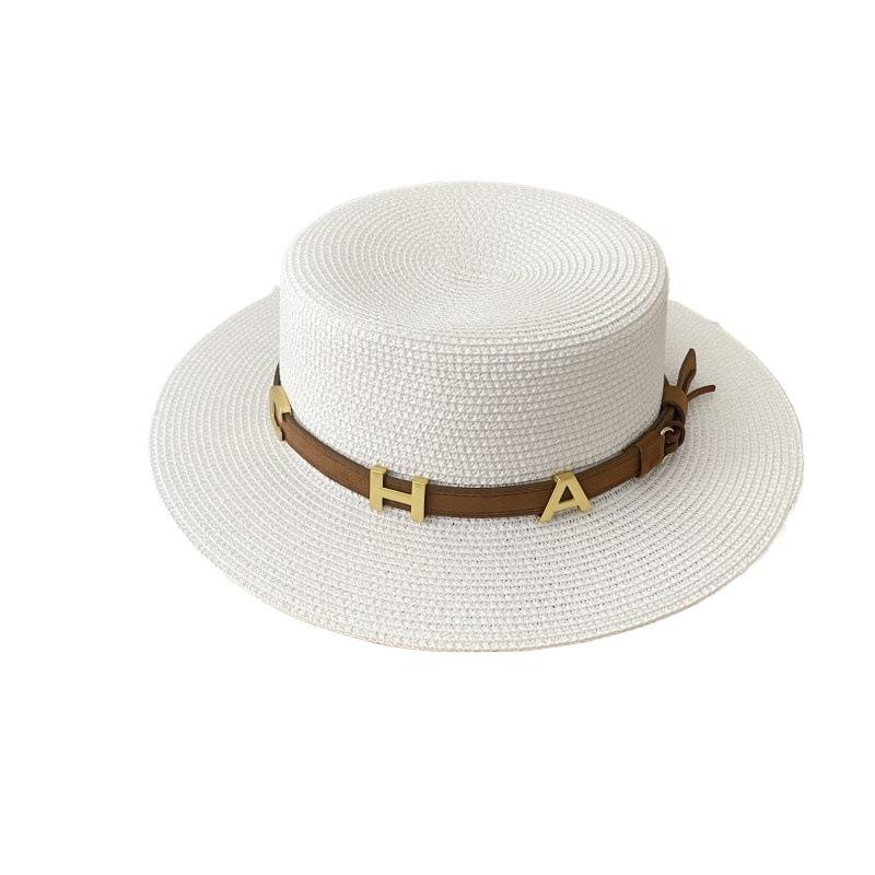 French retro flat top straw hat letter belt summer women's fashion British Hepburn vacation beach sun hat men