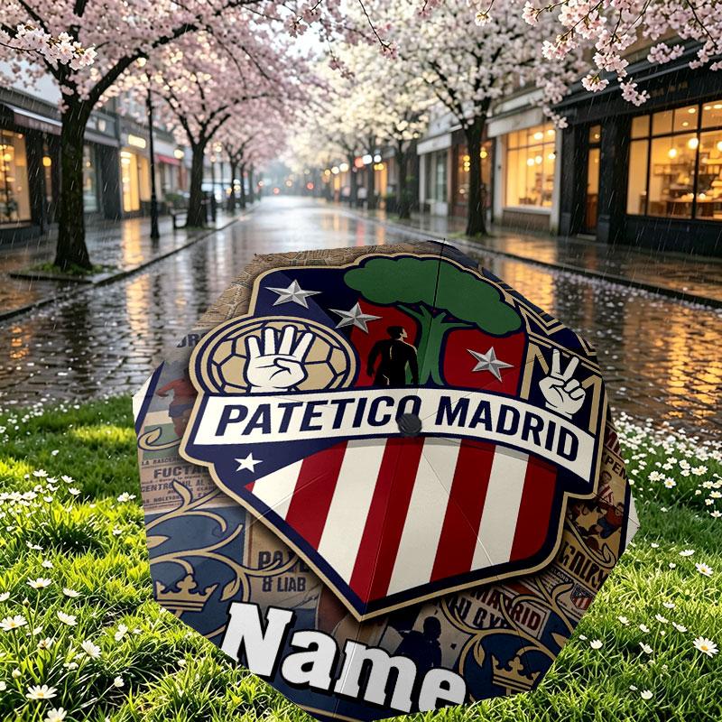 Custom Name Personalized Atletico Madrid Print Umbrella, Auto Open Close, 8‑Rib Sturdy Frame, Commute Camping Hiking Use, Birthday Gift