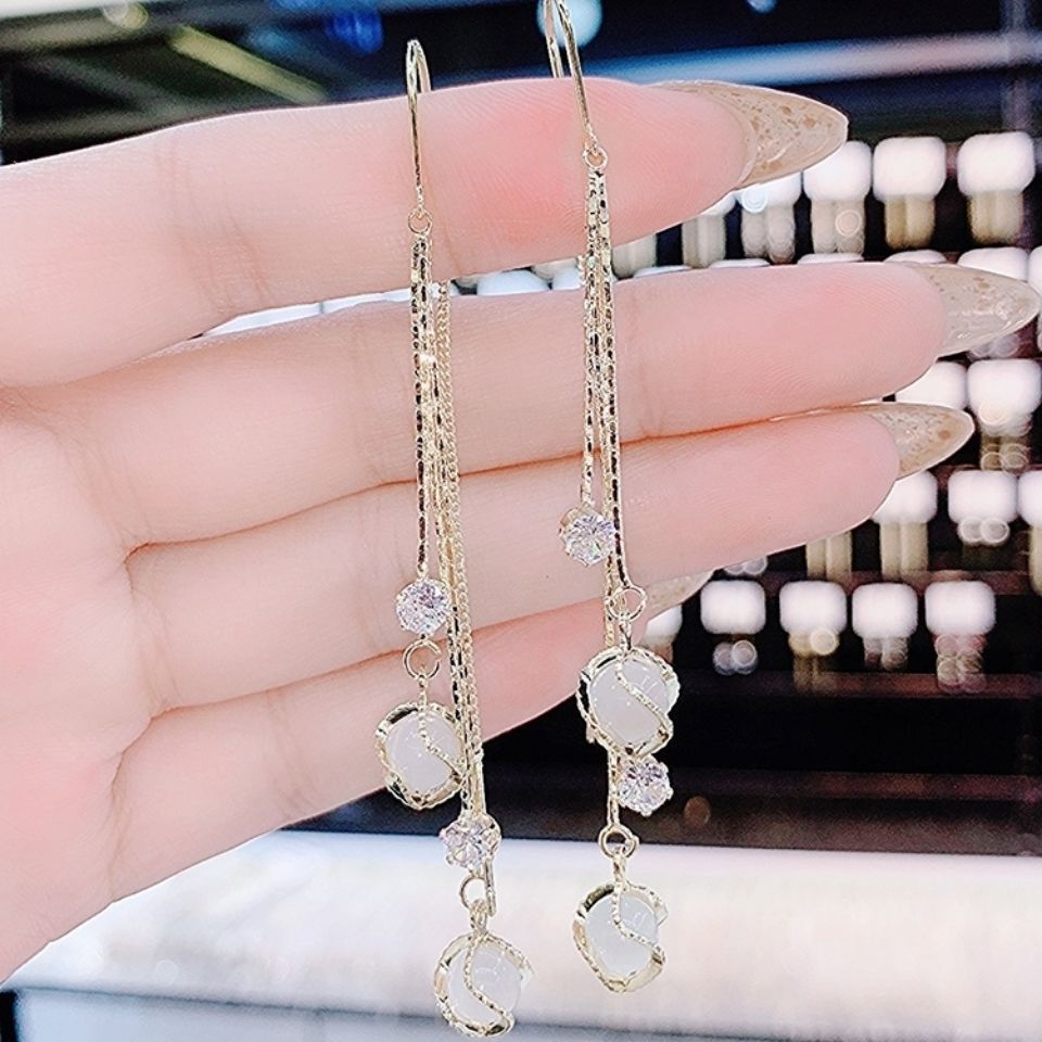 S911 silver needle tassel long anti-loss earphone opal temperament advanced sense versatile show round face thin earrings