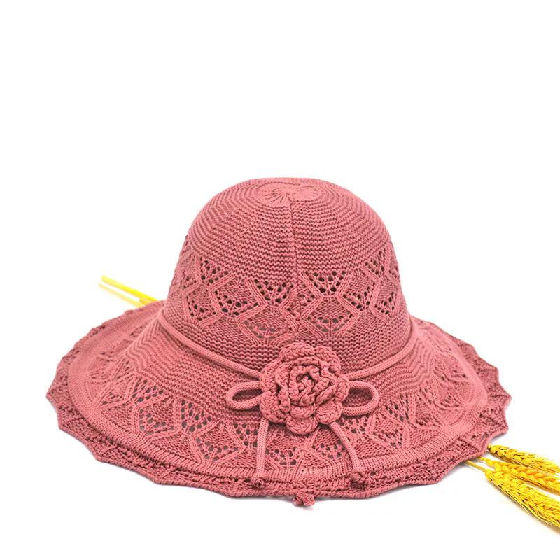 WTEMPO Foldable Summer Knitted Bucket Hats Women's Solid Color Bow Flower Wide Brim Outdoor Travel Beach Hats