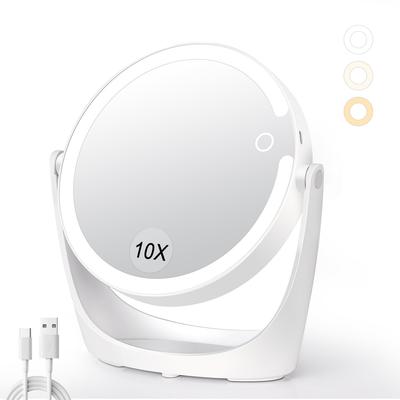 MILEDUO Актриса Светодиодное зеркало для макияжа с 1x и 10x Настольное Трехцветная регулировка USB 2000 мАч Зеркало с высоким белым светом, Двусторонняя подсветка, Увеличение,