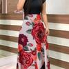 2024 European and American style flower print color matching short sleeved dress for women's large swing skirt