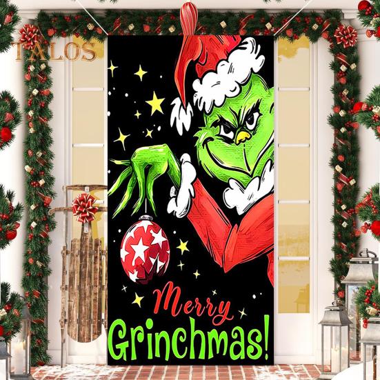 1 комплект гобеленов для гаражных ворот с 4 застежками-лентами в рождественском стиле с принтом Гринчи из мультфильма, создающий праздничную атмосферу для украшения фона для новогодней вечеринки