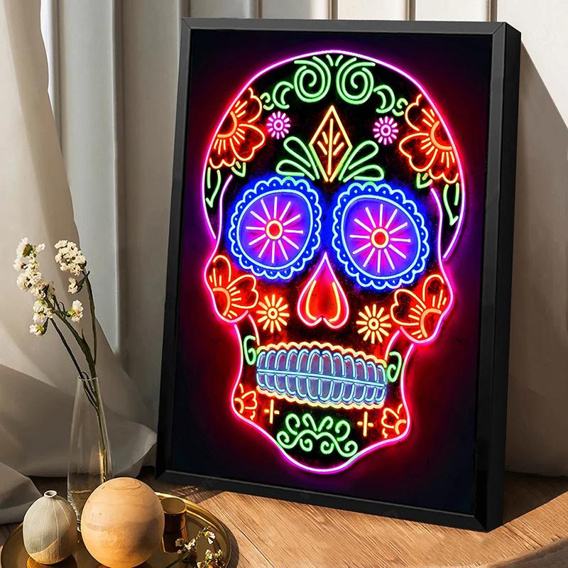 Неоновый эффект черепа постеры и принты современная живопись настенные художественные картины для гостиной игровой комнаты украшения дома подарки
