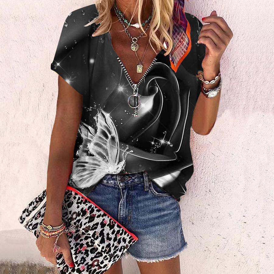 Женский топ, летний новый модный топ с гигантскими цветами и принтом розы, повседневный топ на молнии с v-образным вырезом и короткими рукавами