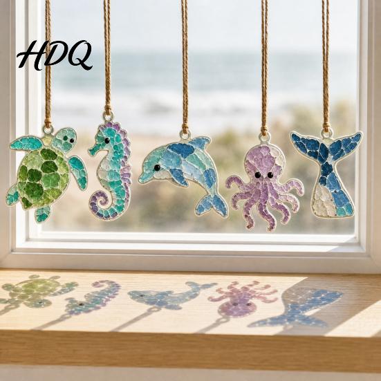 Holiday Window Decorations 5Pcs Acrylic Suncatcher Hangings Sea Glass Collage Kit
