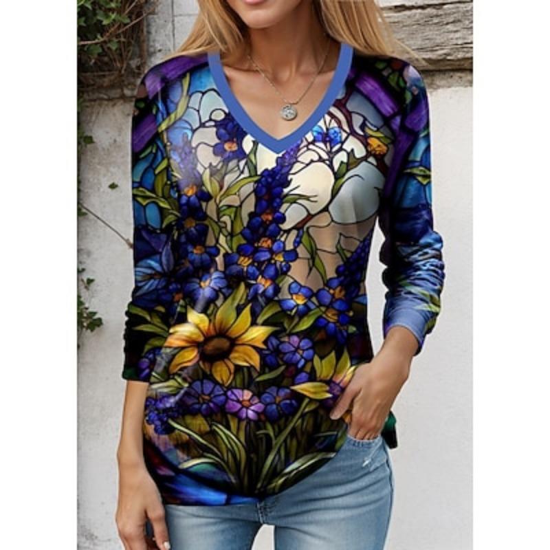 Women's T Shirt Tee Floral Animal Dragonfly Casual Holiday Pink Navy Blue Blue Print Long Sleeve Fashion V Neck Regular Fit Spring & Fall