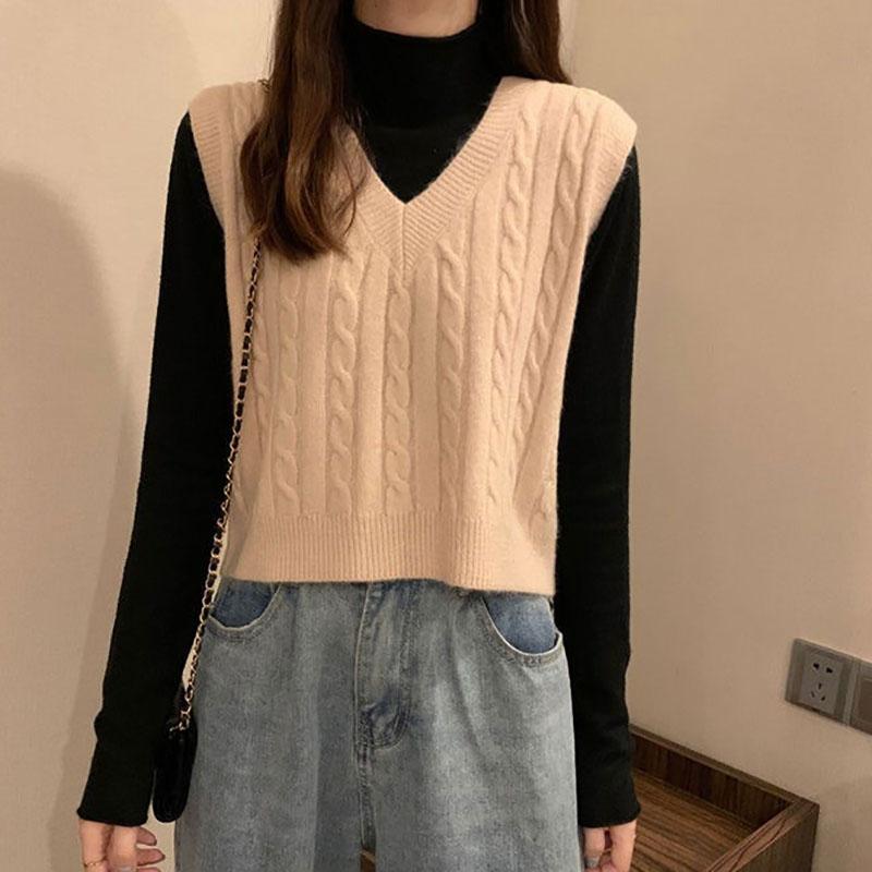 Loose V-neck Knitted Vest Women Spring Autumn and Winter Solid Color Twist All-match Waistcoat Sweater Vest
