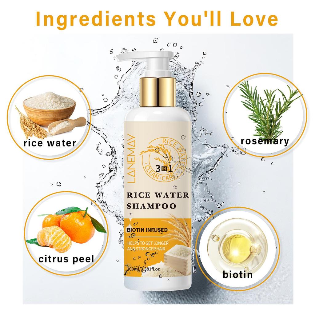 Шампунь 3 в 1 на основе рисовой воды — Укрепление и увлажнение поврежденных волос — Очищение и питание кожи головы — Подходит для всех типов волос