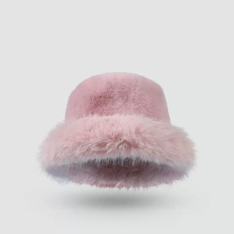 Women Winter Faux Rabbit Fur Bucket Hat Warm Soft Plush Panama Cap Solid Coldproof Fisherman Hat