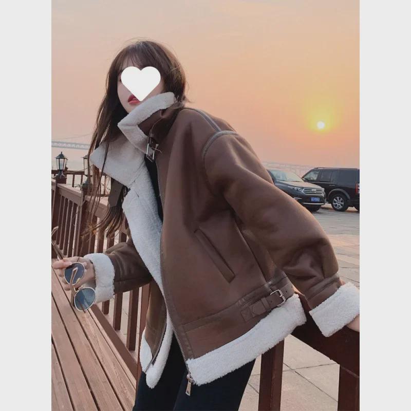 Women's 2024 Lambswool Motorcycle Coat: Thickened, Fur-Trimmed, Short Plush for Autumn/Winter