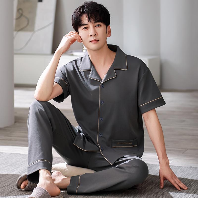 Летняя мужская пижама с коротким рукавом и длинные брюки, мужская домашняя одежда, кардиган больших размеров из хлопка для папы среднего возраста, пижама для мужчин