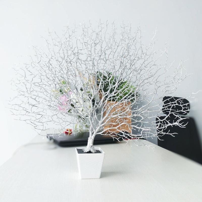 Gold powder simulation coral branch Christmas plastic flower and leaf photo frame craft decoration green plant accessories gold silver DIY