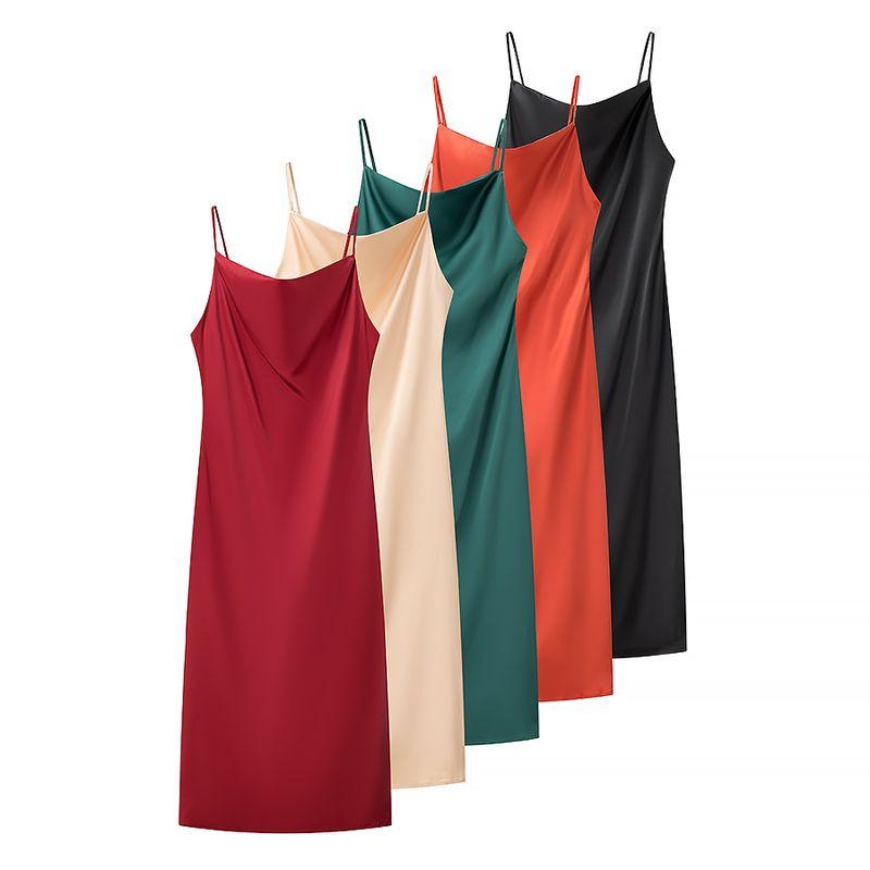 Kaslead New Arrival Women's Clothing Fashion Style Fashion Minimalist Multi-Color Satin Mid Length Long Length Sling Dress